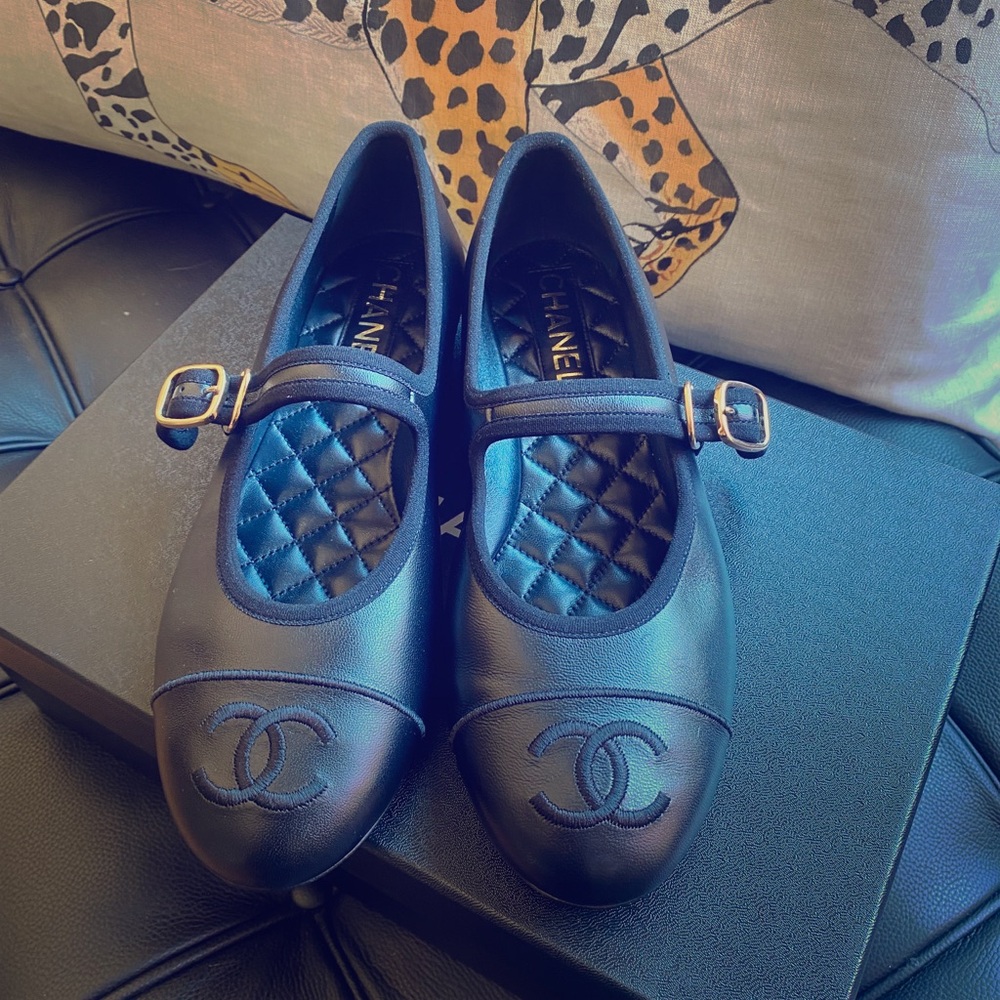 CHANEL Mary Jane Ankle Strap Flat Ballerina Shoes